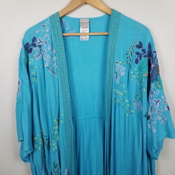Chico's Aqua Blue Embroidery Beaded Bohemian Duster Kimono Beach Cover Up Sz S/M - Picture 3 of 12
